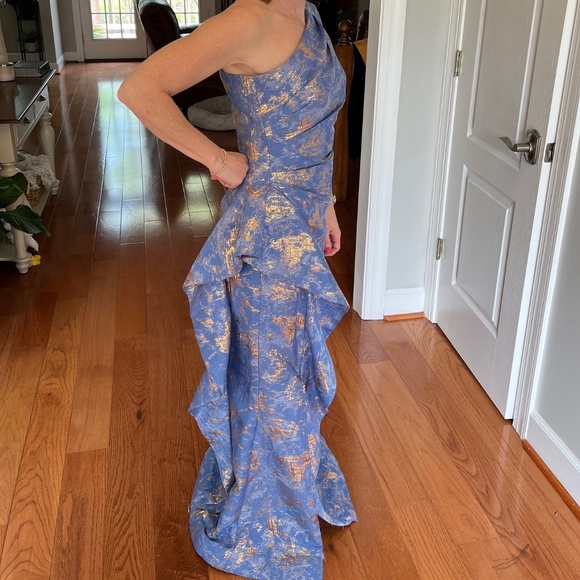 Teri Jon Blue and Silver Asymmetrical Ruched One Shoulder Gown - Picture 2 of 5